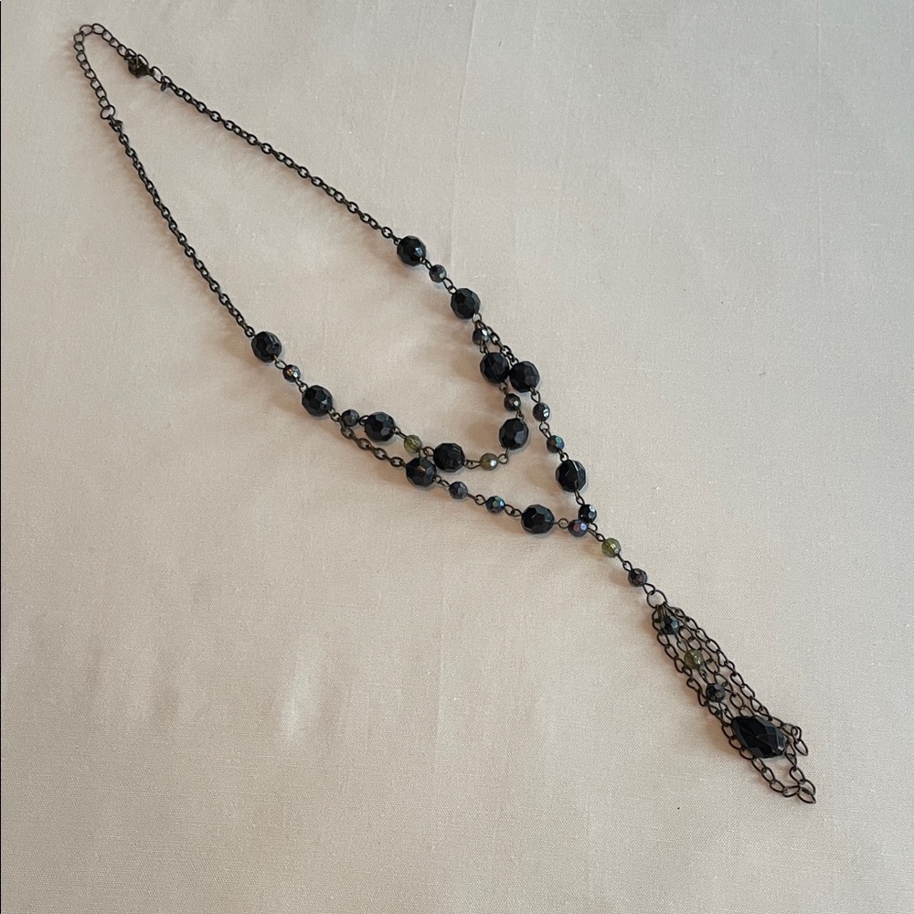 Double Strand & Tassel Black Iridescent Beaded Necklace